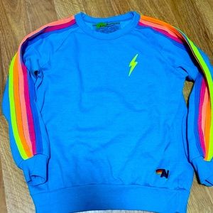 Aviator nation, neon blue, with neon rainbow stripes sweatshirt, barely worn